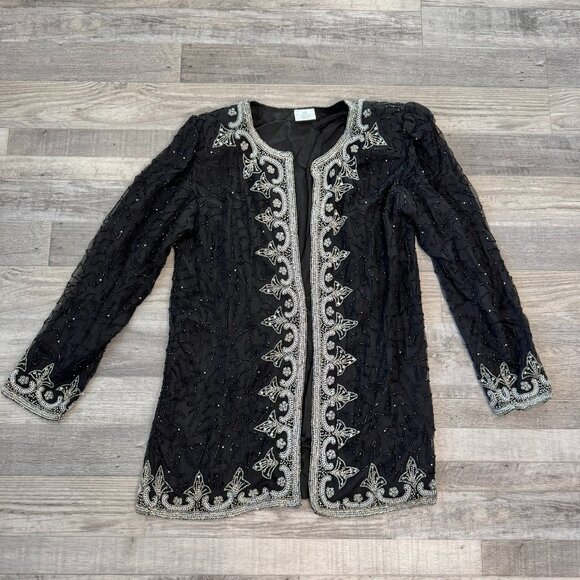 Black 100% silk beaded formal jacket silver beading lined size small K11 - Picture 1 of 7